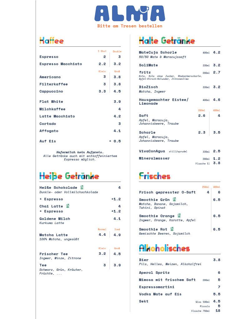 German drinks menu for Café Alma Neukölln