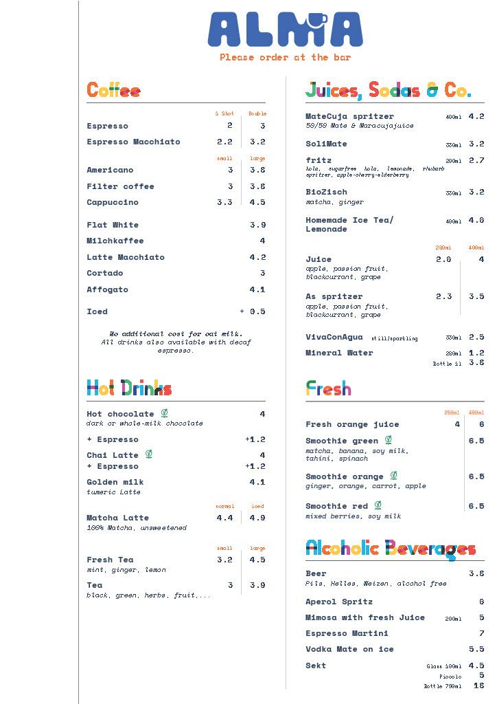 English drinks menu for Café Alma Neukölln