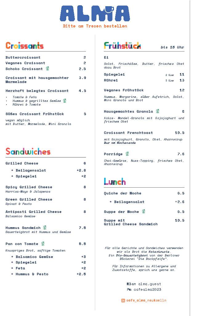 German food menu for Café Alma Neukölln